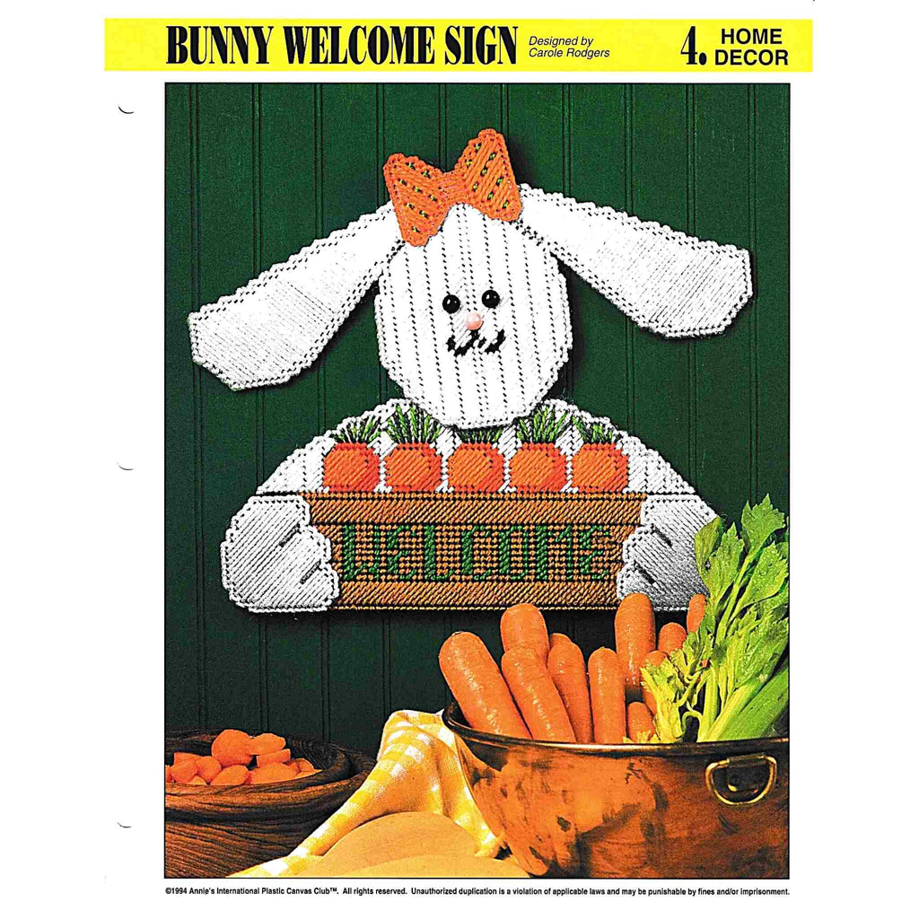 Vintage Plastic Canvas Pattern: Bunny Welcome Sign. This charming bunny rabbit with carrots offers a warm welcome to Spring or Easter guests! Basic materials you'll need are 7-count stiff plastic canvas sheets and worsted/ #4 medium-weight yarn. 