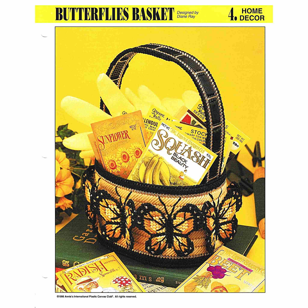 Vintage Plastic Canvas Pattern: Butterflies Basket. Basic materials you'll need are 7-count plastic canvas sheets and worsted/ #4 medium-weight yarn. cover