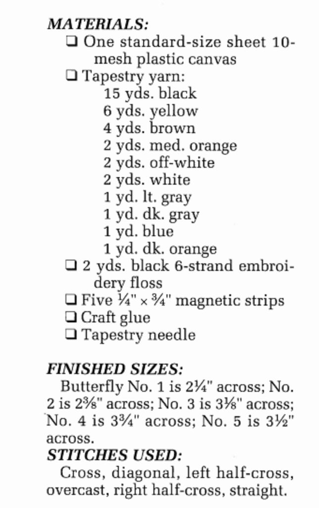 Butterfly Magnet Needlepoint Fridgies 10-Mesh Plastic Canvas Pattern recommended materials
