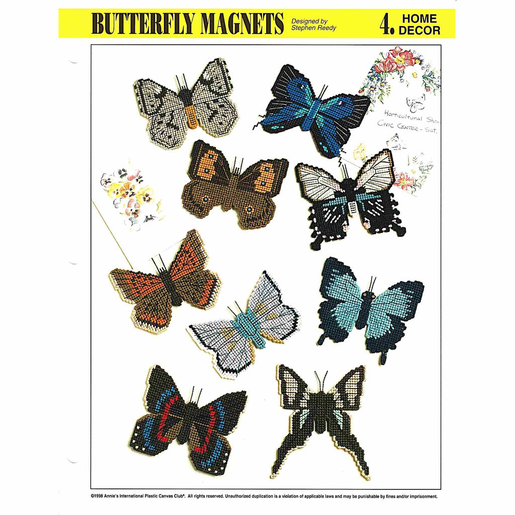 Vintage Plastic Canvas Pattern: Butterfly Magnets 01. Charts included for following butterflies: Albulina Orbitulus, Mountain Blue, Leptocircus Curius, Pearly Eye, Great Purple Hairstreak, American Copper, Common Wood Nymph, Neocyria Manco, and Papilio Memnon.  Basic materials you'll need are 10-mesh plastic canvas sheets, embroidery floss, and 3-ply yarn. cover