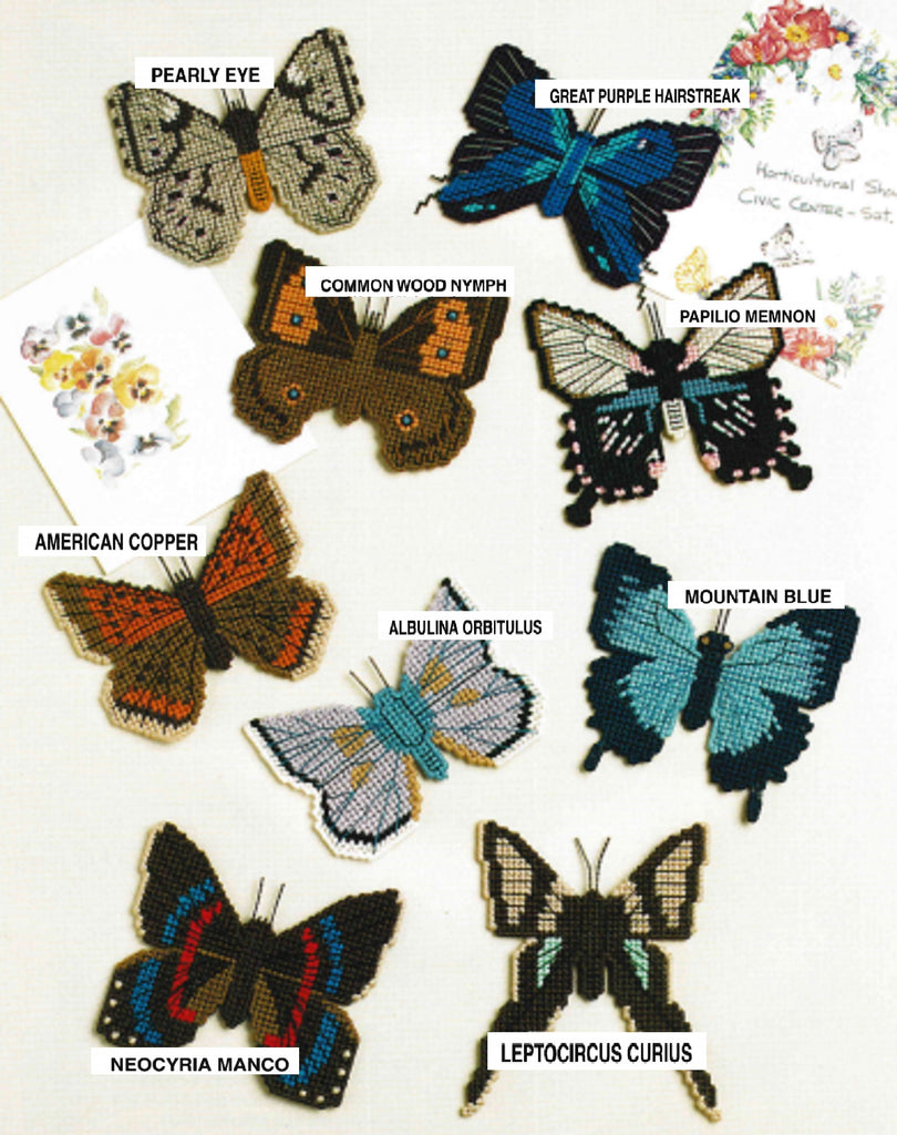 Vintage Plastic Canvas Pattern: Butterfly Magnets 01. Charts included for following butterflies: Albulina Orbitulus, Mountain Blue, Leptocircus Curius, Pearly Eye, Great Purple Hairstreak, American Copper, Common Wood Nymph, Neocyria Manco, and Papilio Memnon.  Basic materials you'll need are 10-mesh plastic canvas sheets, embroidery floss, and 3-ply yarn. picture with listed names