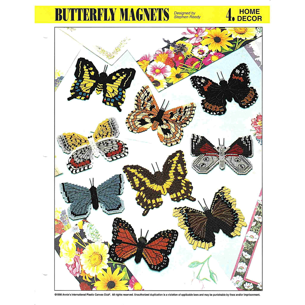 Vintage Plastic Canvas Pattern: Butterfly Magnets 02. Charts included for following butterflies: Spring Azure, Callicore Lidwina, Monarch, Giant Swallowtail, Checkerspot, Morning Cloak, Red Admiral, Swallowtail, and Bronze Copper. pattern cover