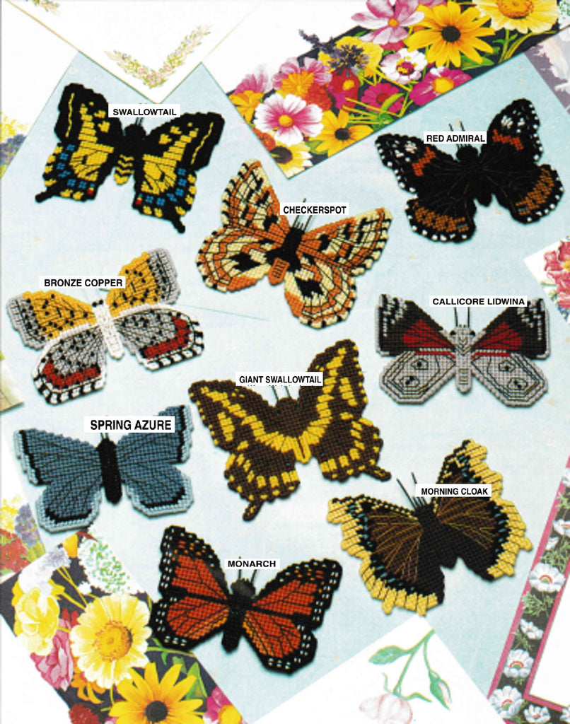 Vintage Plastic Canvas Pattern: Butterfly Magnets 02. Charts included for following butterflies: Spring Azure, Callicore Lidwina, Monarch, Giant Swallowtail, Checkerspot, Morning Cloak, Red Admiral, Swallowtail, and Bronze Copper. labelled butterflies
