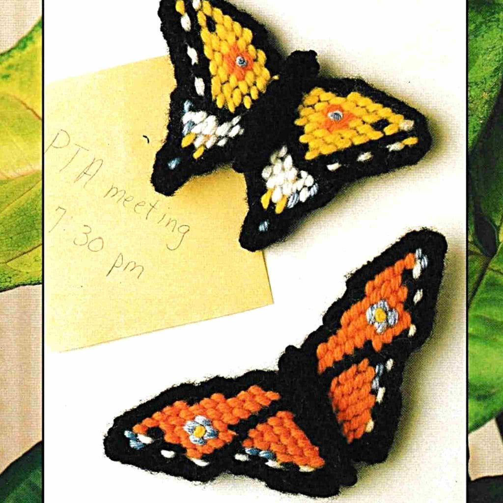 Vintage Plastic Canvas Pattern: Butterfly Magnets & Plant Pokes. Basic materials you'll need are 7-count plastic canvas sheets and worsted/ #4 medium-weight yarn. magnet detail