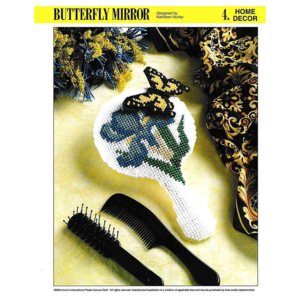 Vintage Plastic Canvas Pattern: Butterfly Mirror. Iris and butterfly handheld mirror created with a 5" round craft mirror. Basic materials used are 7-count plastic canvas and worsted/ #4 medium-weight yarn. cover