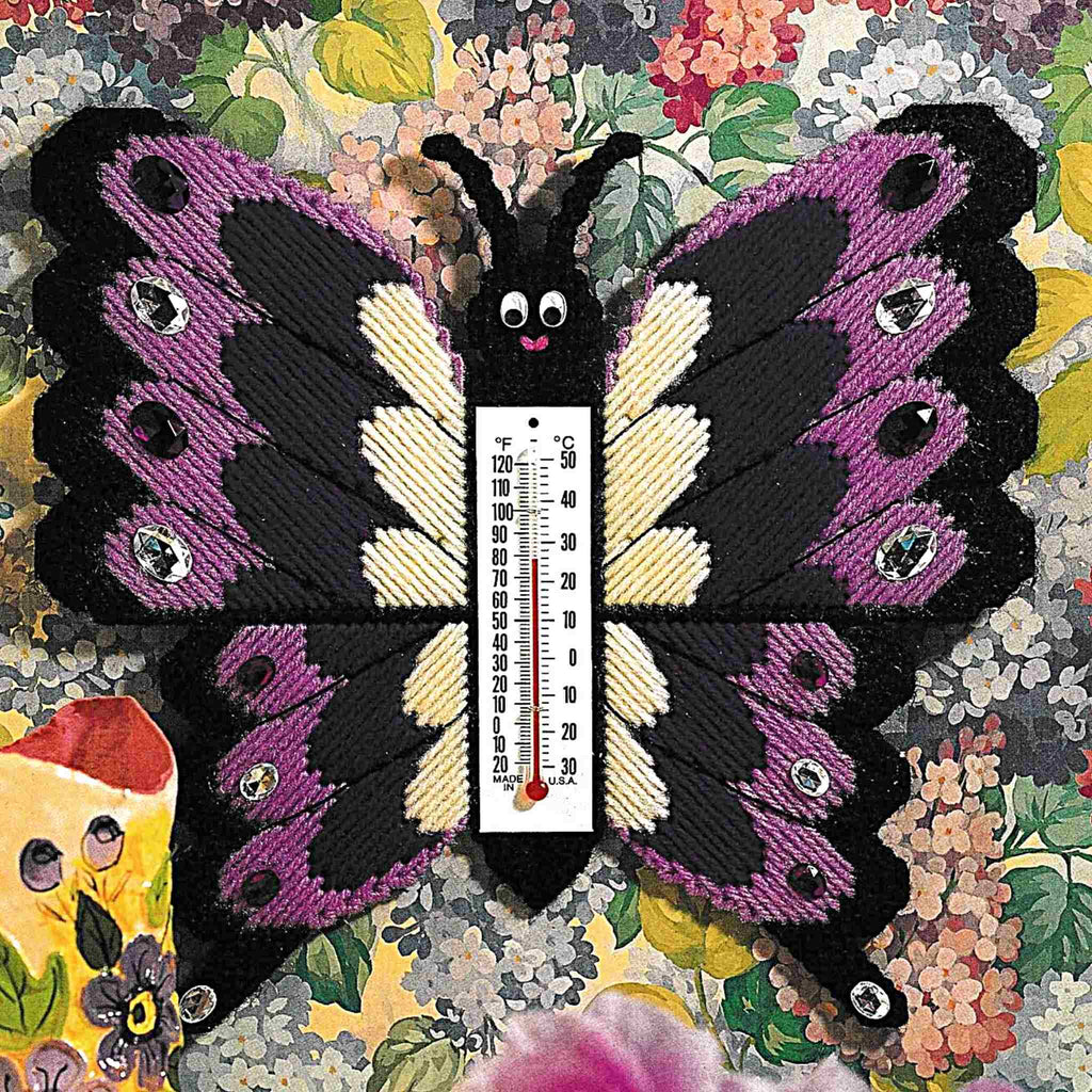 Vintage Plastic Canvas Pattern: Butterfly Thermometer. Basic materials you'll need are 7-count plastic canvas and worsted/ #4 medium-weight yarn. 
