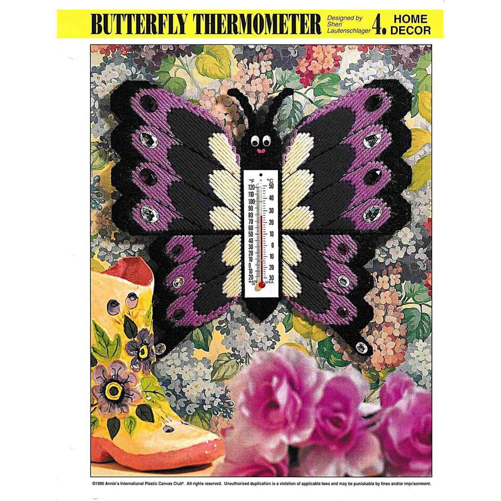 Vintage Plastic Canvas Pattern: Butterfly Thermometer. Basic materials you'll need are 7-count plastic canvas and worsted/ #4 medium-weight yarn.  cover