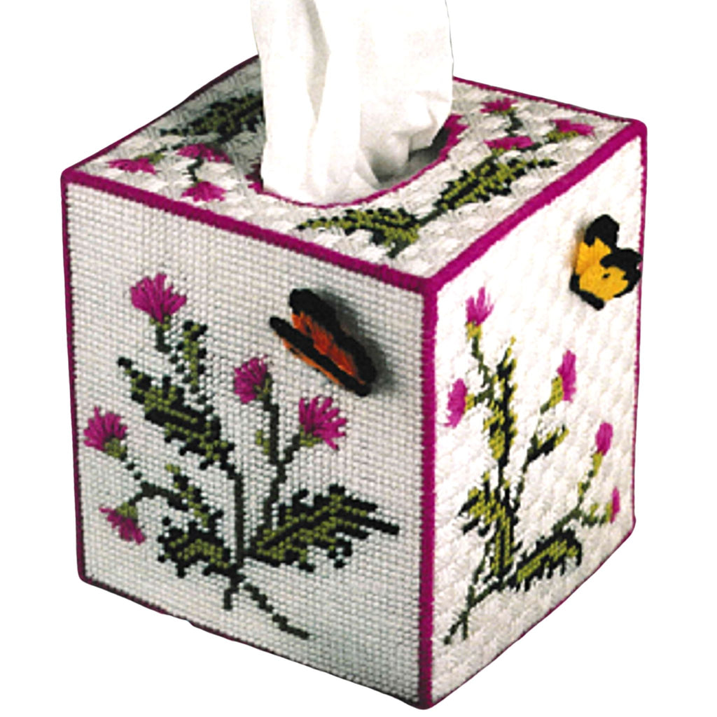 Vintage Plastic Canvas Tissue Box Pattern: Butterfly Tissue Cover. This boutique tissue box cover is a favorite for those that enjoy 10-mesh. Instructions for tissue box cover made using tapestry yarn and 10-mesh plastic canvas.