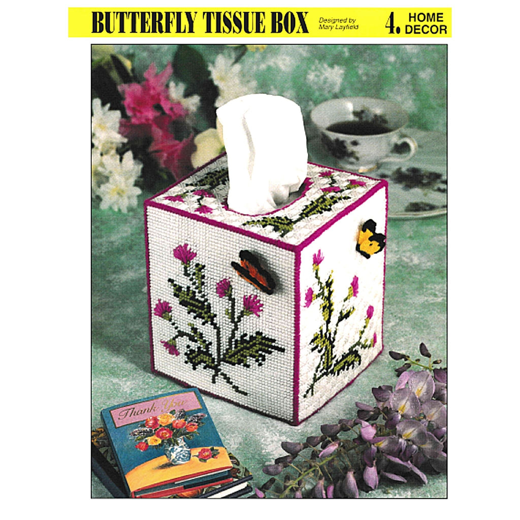 Vintage Plastic Canvas Tissue Box Pattern: Butterfly Tissue Cover. This boutique tissue box cover is a favorite for those that enjoy 10-mesh. Instructions for tissue box cover made using tapestry yarn and 10-mesh plastic canvas. cover