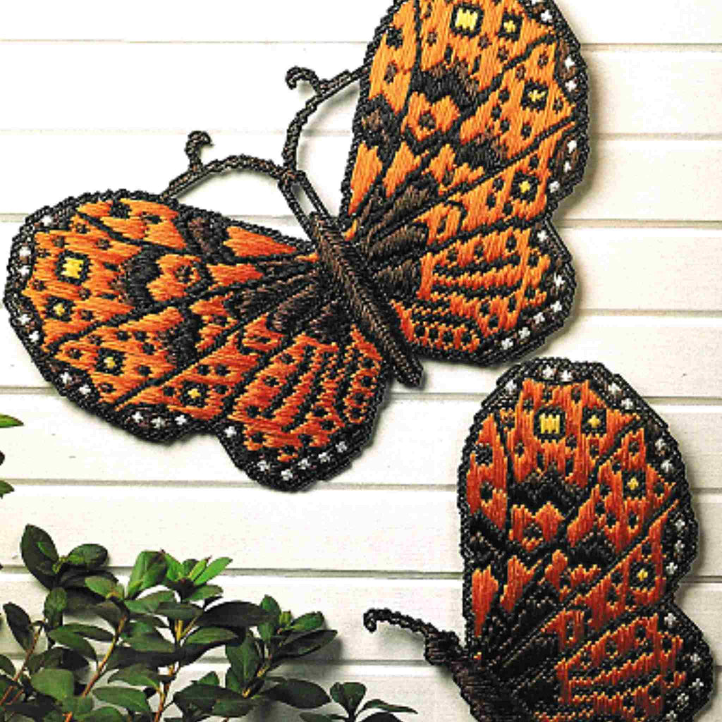 Vintage Plastic Canvas Pattern: Butterfly Wallhangings. Pattern calls out for oversized, stiff sheets of 7-count plastic canvas worked with raffia straw. 
