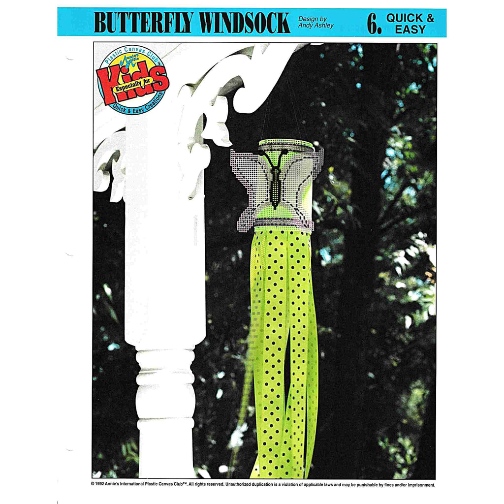 Vintage Plastic Canvas Pattern: Butterfly Windsock 01. Basic materials you'll need are 7-count plastic canvas sheets, yarn, and ribbon.  cover