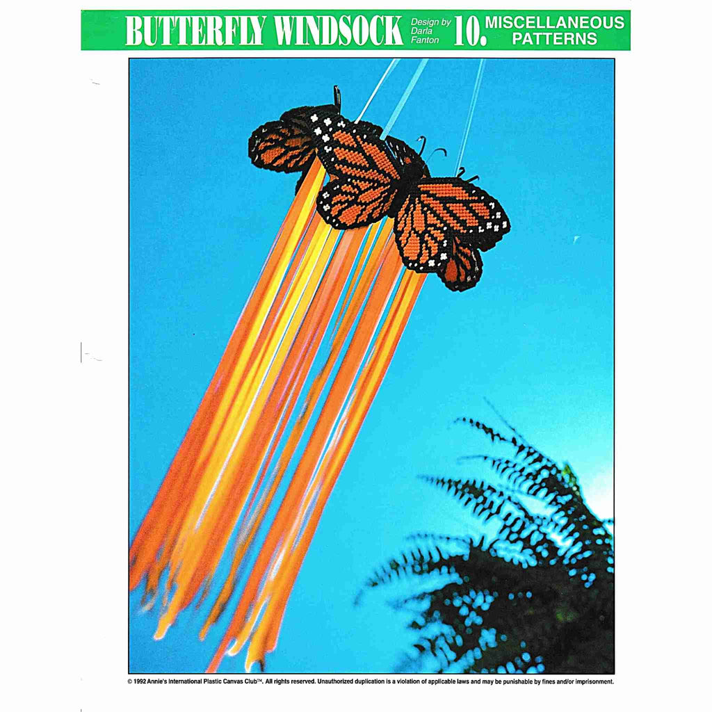 Vintage Plastic Canvas Pattern: Butterfly Windsock 02. Basic materials you'll need are 7-count plastic canvas sheets, yarn, and ribbon. cover