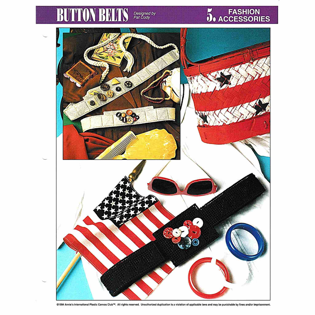 Vintage Plastic Canvas Pattern: Button Belts. Basic materials you'll need are 7-count plastic canvas sheets, yarn, and assorted buttons. cover