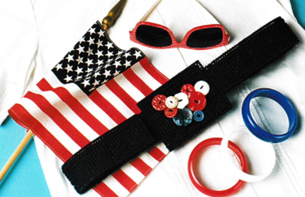 Vintage Plastic Canvas Pattern: Button Belts. Basic materials you'll need are 7-count plastic canvas sheets, yarn, and assorted buttons. 4th of july patriotic belt
