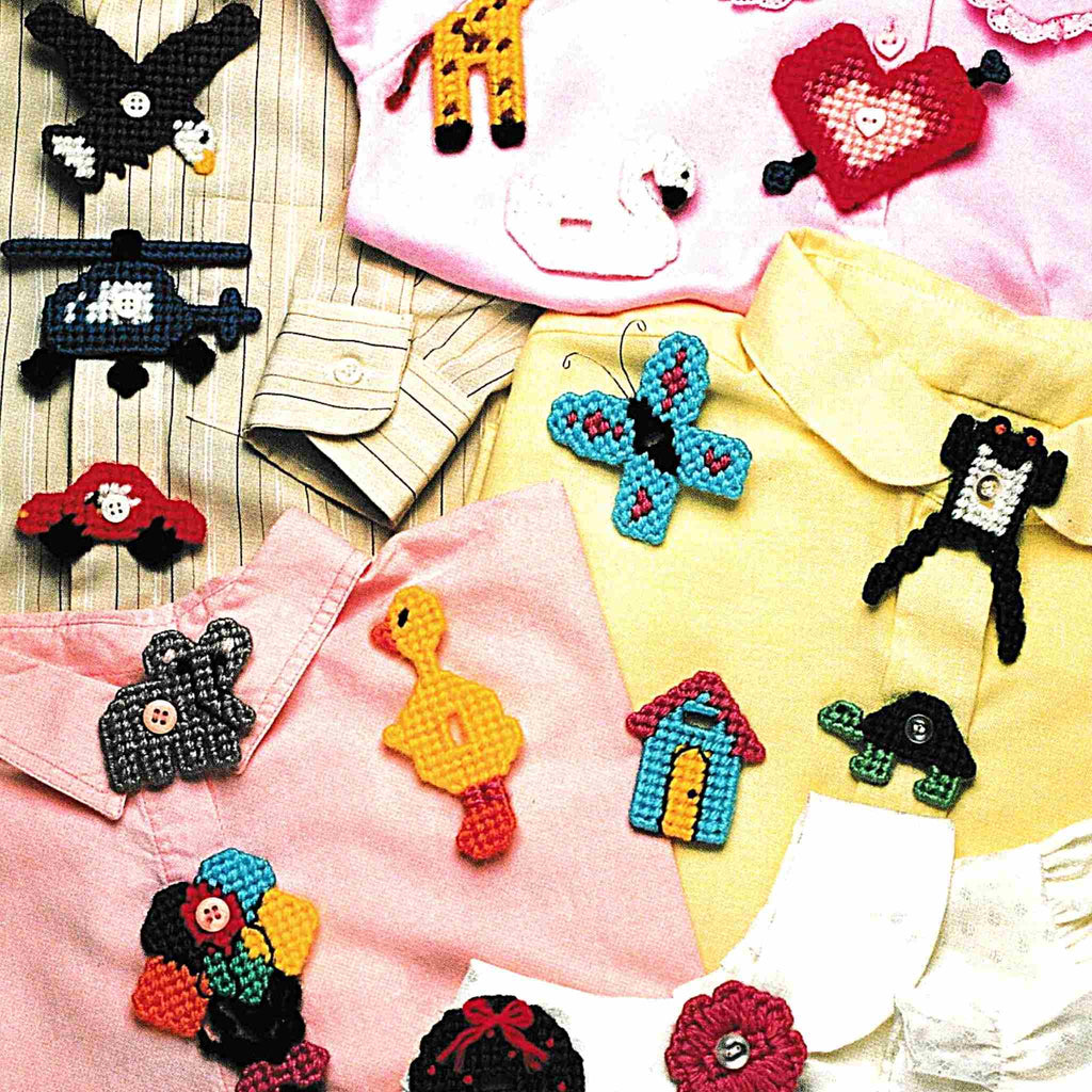 Vintage Plastic Canvas Pattern: Button Buddies 01. Plastic canvas button cover charts included: elephant, duck, flower, heart, eagle, frog, giraffe, helicopter, swan, house, balloons, car, butterfly, turtle, and wreath. Basic materials you'll need are 7-count plastic canvas sheets and small amounts of assorted yarn. 