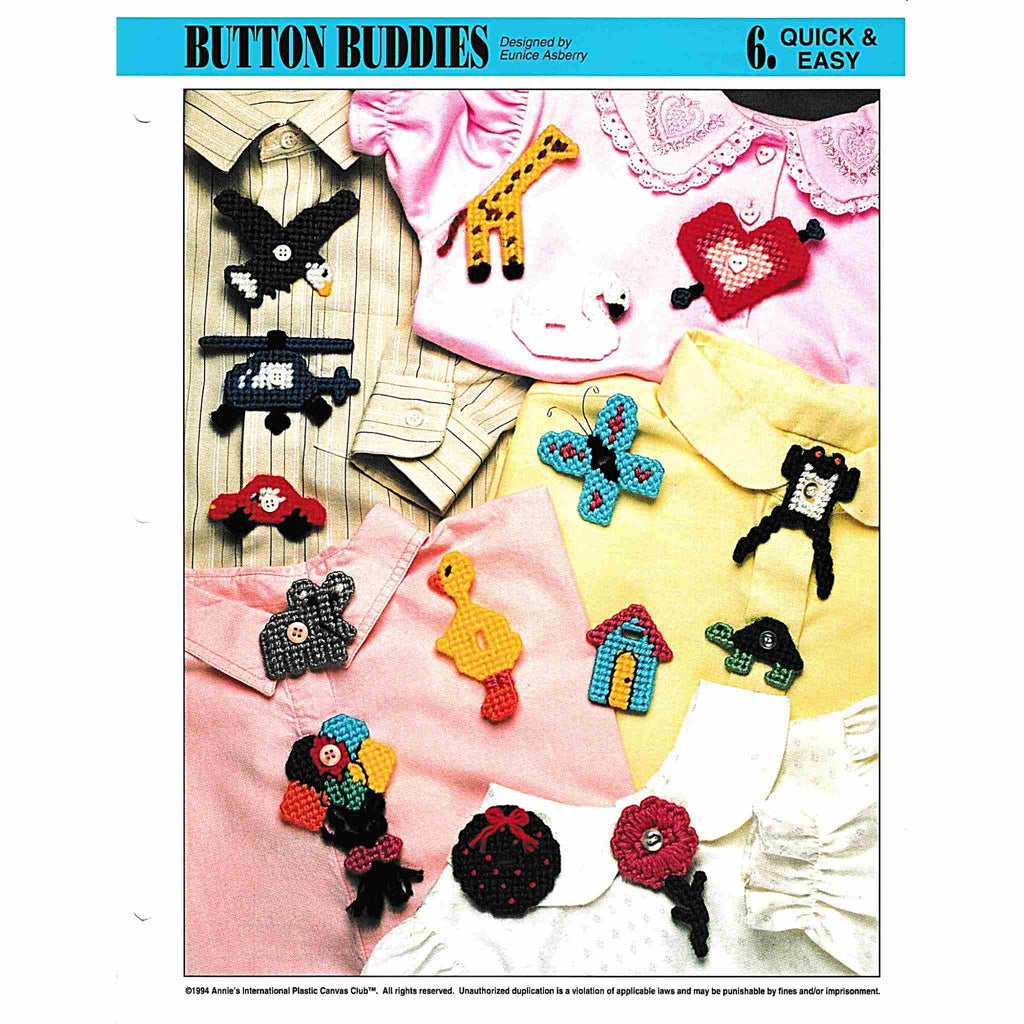 Vintage Plastic Canvas Pattern: Button Buddies 01. Plastic canvas button cover charts included: elephant, duck, flower, heart, eagle, frog, giraffe, helicopter, swan, house, balloons, car, butterfly, turtle, and wreath. Basic materials you'll need are 7-count plastic canvas sheets and small amounts of assorted yarn.  cover