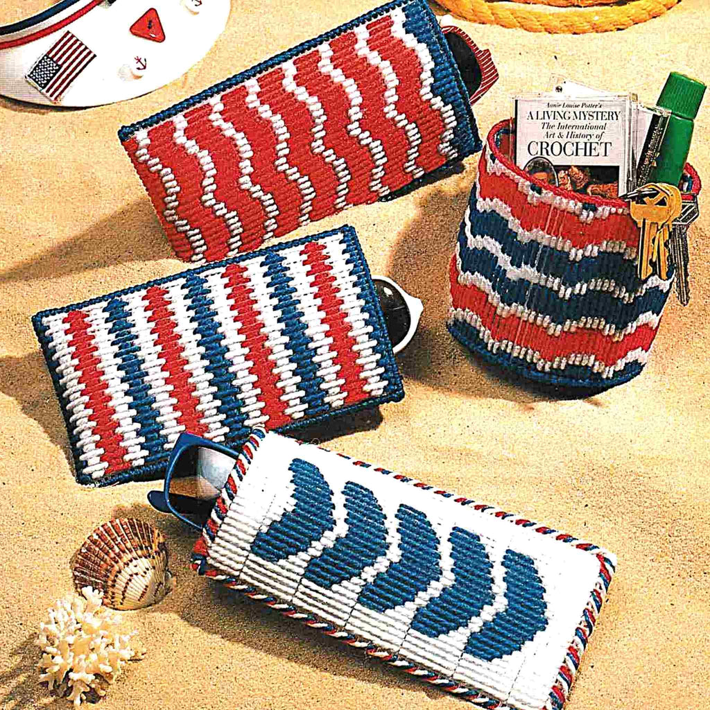 Vintage Plastic Canvas Pattern: By The Seashore. Plastic canvas eyeglass and sunglass case patterns, suntan lotion, or pencil cup holder in simple bargello stitches.