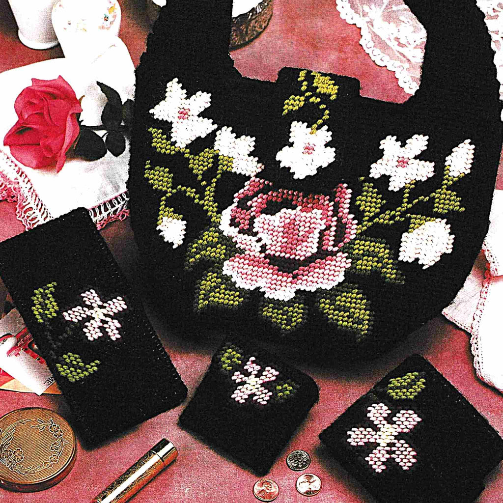 Cabbage Rose Set Vintage Plastic Canvas Handbag and Coin Purse Pattern
