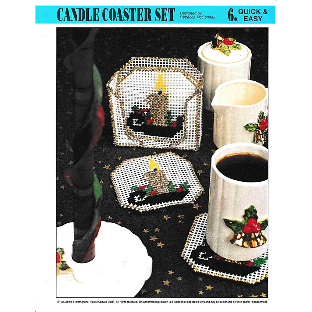 Vintage Christmas Plastic Canvas Pattern: Candle Coaster Set. Create a candle coaster set and holder out of 7-count plastic canvas sheets and worsted / medium-weight yarn.
