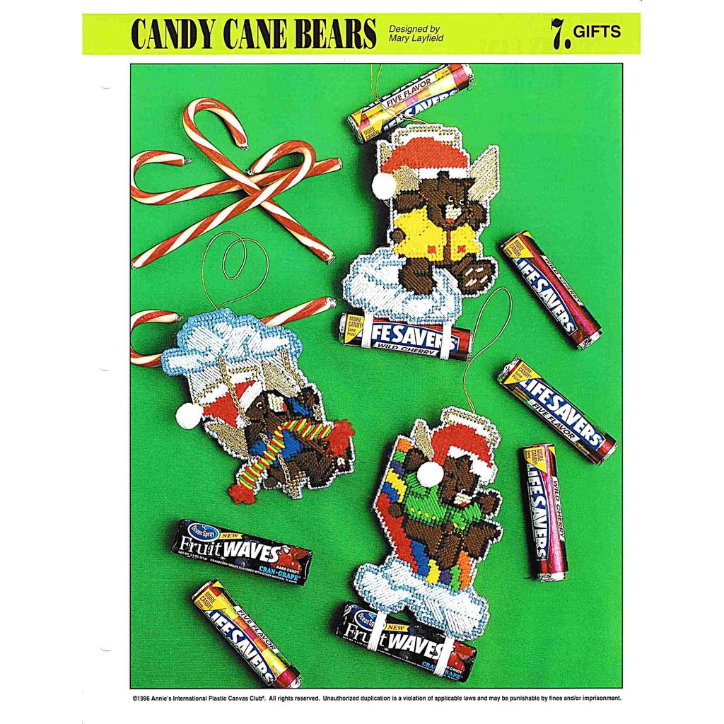 Vintage Christmas Plastic Canvas Pattern: Candy Cane Bears. Create these Christmas bear ornaments out of 10-mesh plastic canvas sheets and tapestry yarn. 