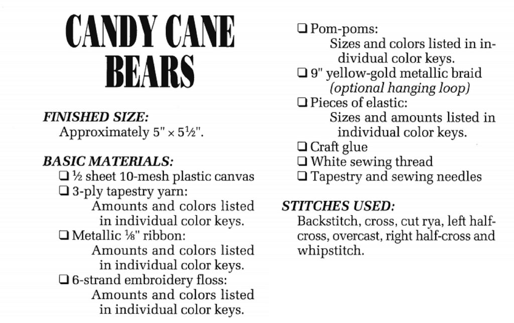 Vintage Christmas Plastic Canvas Pattern: Candy Cane Bears. Create these Christmas bear ornaments out of 10-mesh plastic canvas sheets and tapestry yarn. 