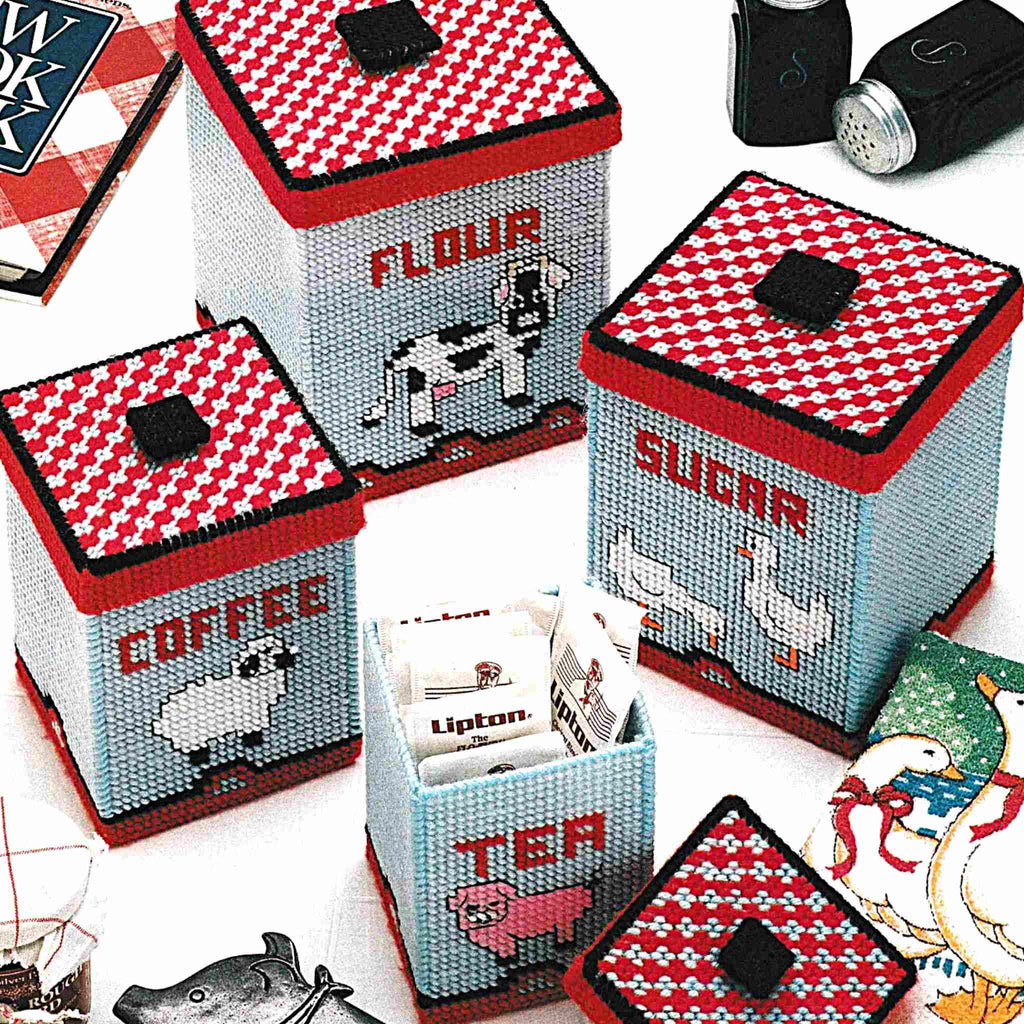 Vintage Plastic Canvas Pattern: Canister Set. Create these farmhouse-themed kitchen canisters out of 7-count plastic canvas sheets and worsted / medium-weight yarn. Charts included for Cow / Flour, Ducks / Sugar, Sheep / Coffee, and Pig / Tea. 