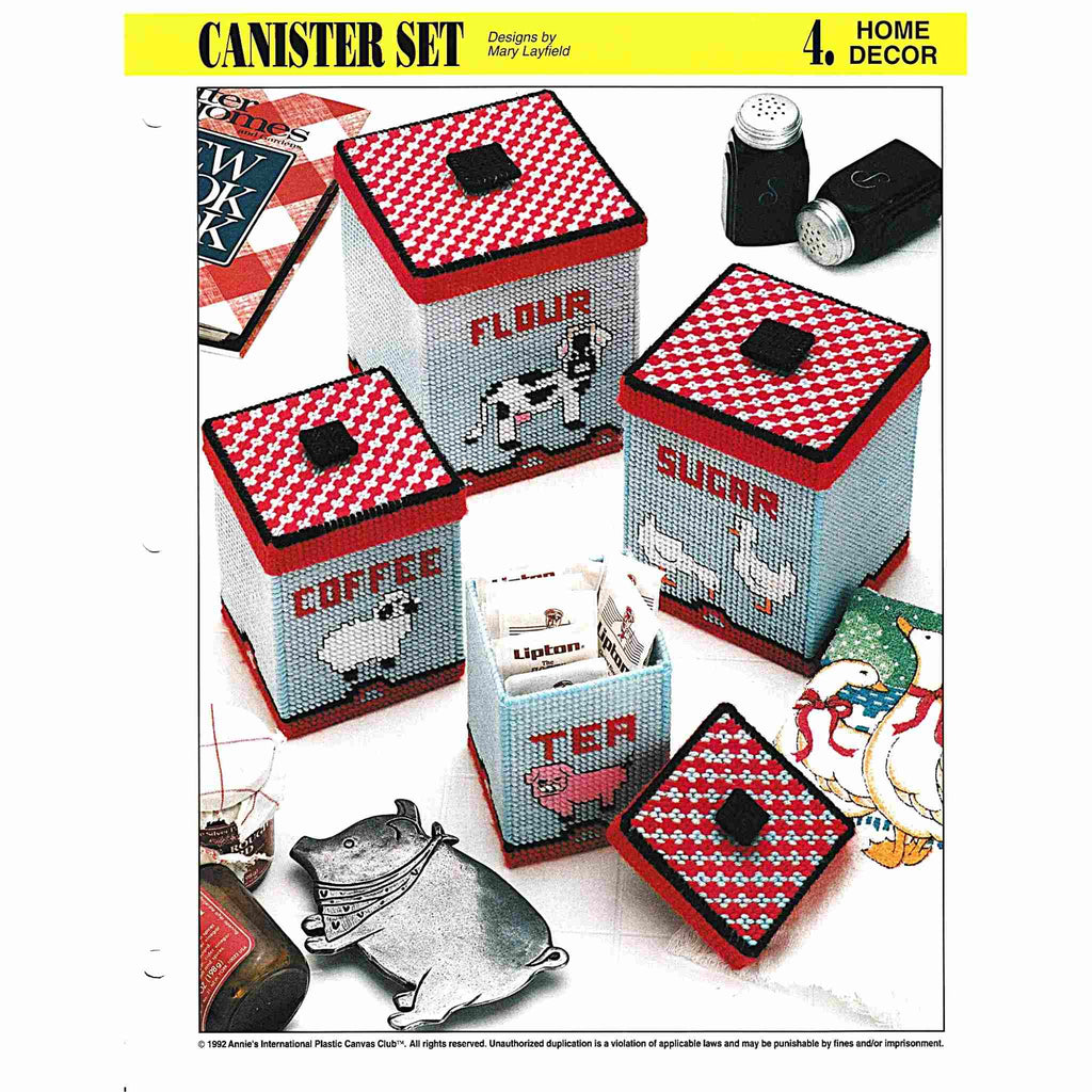 Vintage Plastic Canvas Pattern: Canister Set. Create these farmhouse-themed kitchen canisters out of 7-count plastic canvas sheets and worsted / medium-weight yarn. Charts included for Cow / Flour, Ducks / Sugar, Sheep / Coffee, and Pig / Tea. 