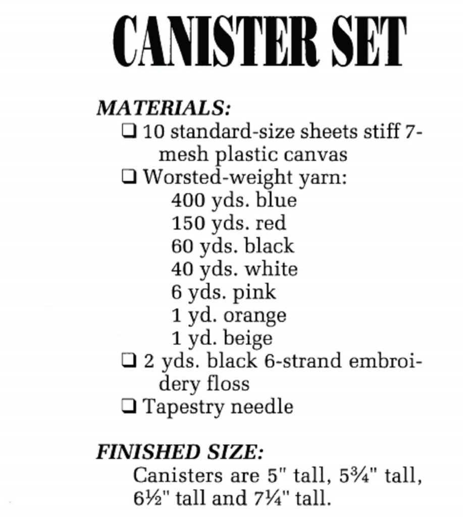 Vintage Plastic Canvas Pattern: Canister Set. Create these farmhouse-themed kitchen canisters out of 7-count plastic canvas sheets and worsted / medium-weight yarn. Charts included for Cow / Flour, Ducks / Sugar, Sheep / Coffee, and Pig / Tea. supply list