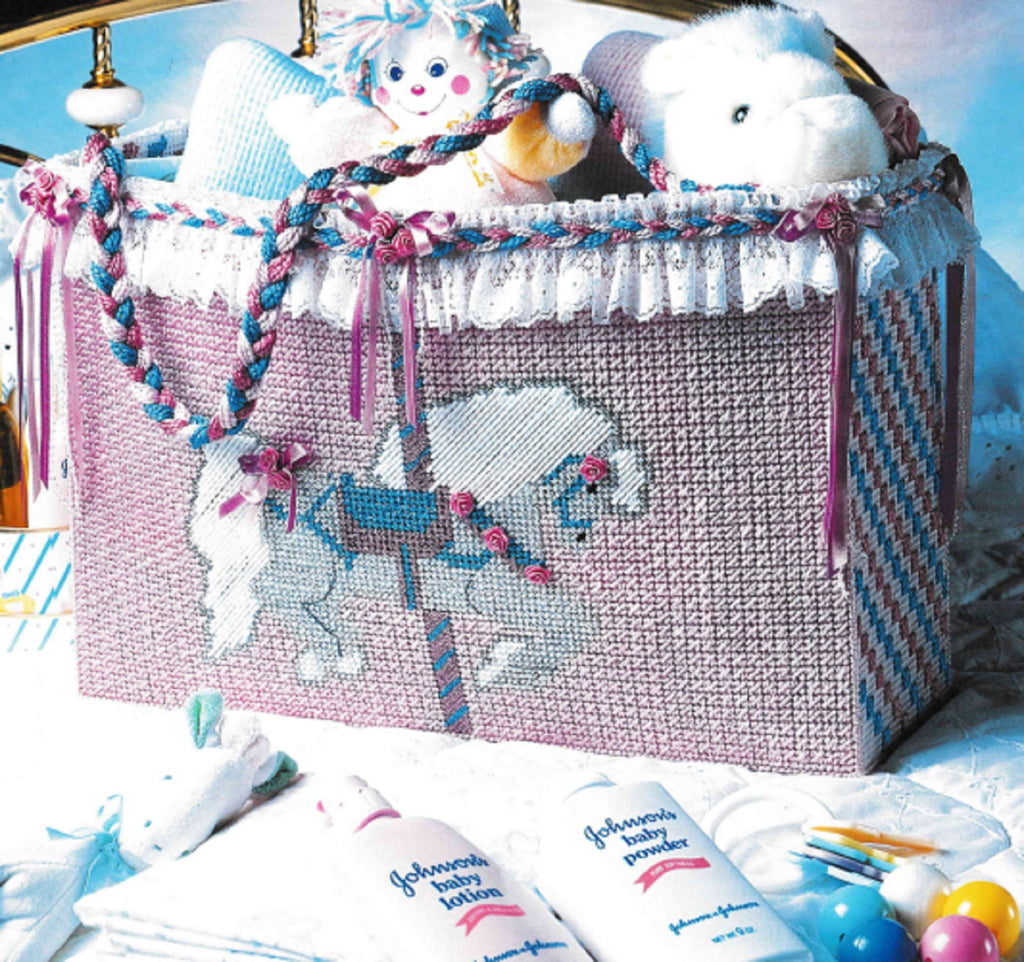 Vintage Plastic Canvas Pattern: Carousel Horse Tote Bag. Create this sweet baby carousel horse tote bag out of 7-count plastic canvas sheets and worsted / medium-weight yarn. front detail