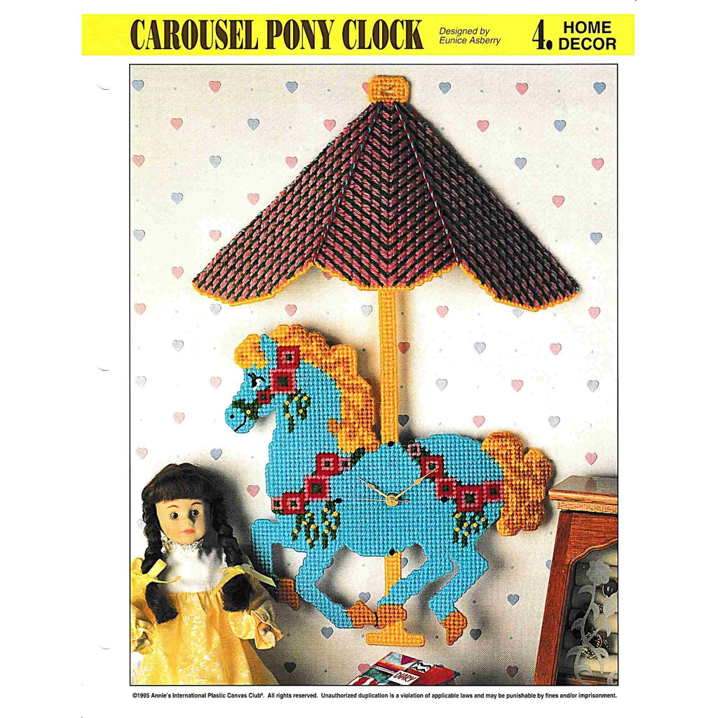 Vintage Plastic Canvas Pattern: Carousel Pony Clock. Create this sweet kid's horse wall clock out of 7-count plastic canvas sheets and worsted / medium-weight yarn.