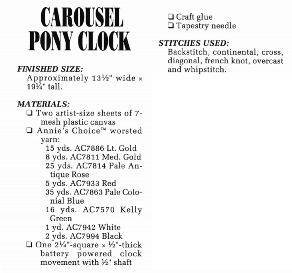 Vintage Plastic Canvas Pattern: Carousel Pony Clock. Create this sweet kid's horse wall clock out of 7-count plastic canvas sheets and worsted / medium-weight yarn.