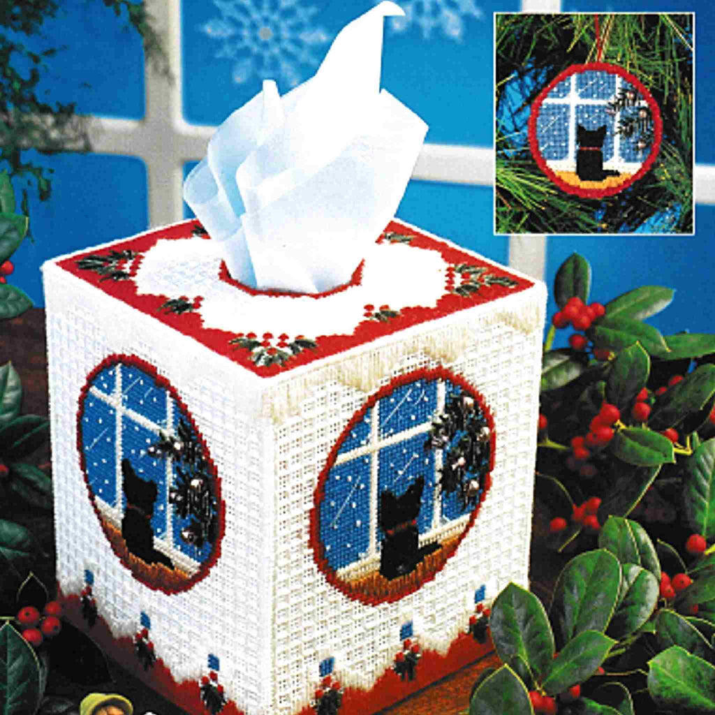 Cat Christmas Tissue Box + Ornament Plastic Canvas Pattern