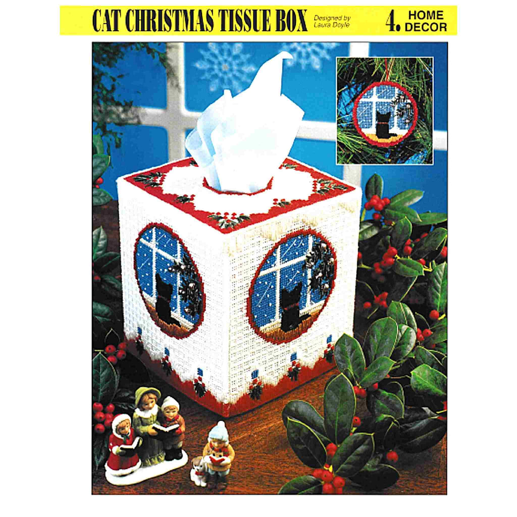 Cat Christmas Tissue Box + Ornament Plastic Canvas Pattern cover