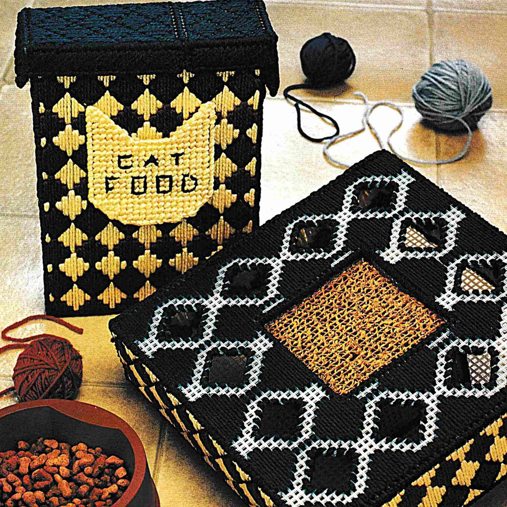 Vintage Plastic Canvas Pattern: Cat Food & Toy Box. Create this cat food storage bin and scratching toy out of larger holed 5-count plastic canvas sheets and worsted / medium-weight yarn.