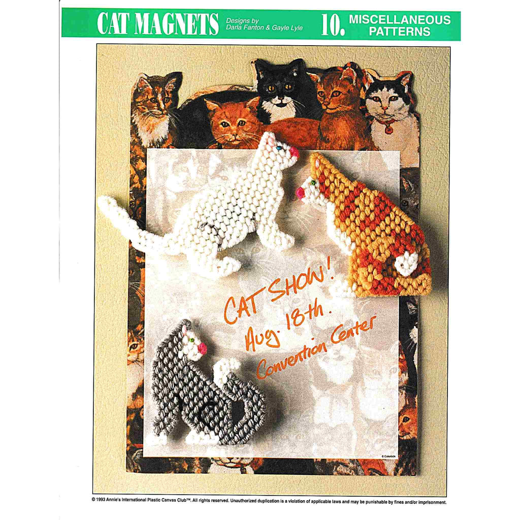 Vintage Plastic Canvas Pattern: Cat Magnets. Stitch these cute cat magnets with 7-count plastic canvas sheets and worsted / medium-weight yarn. 