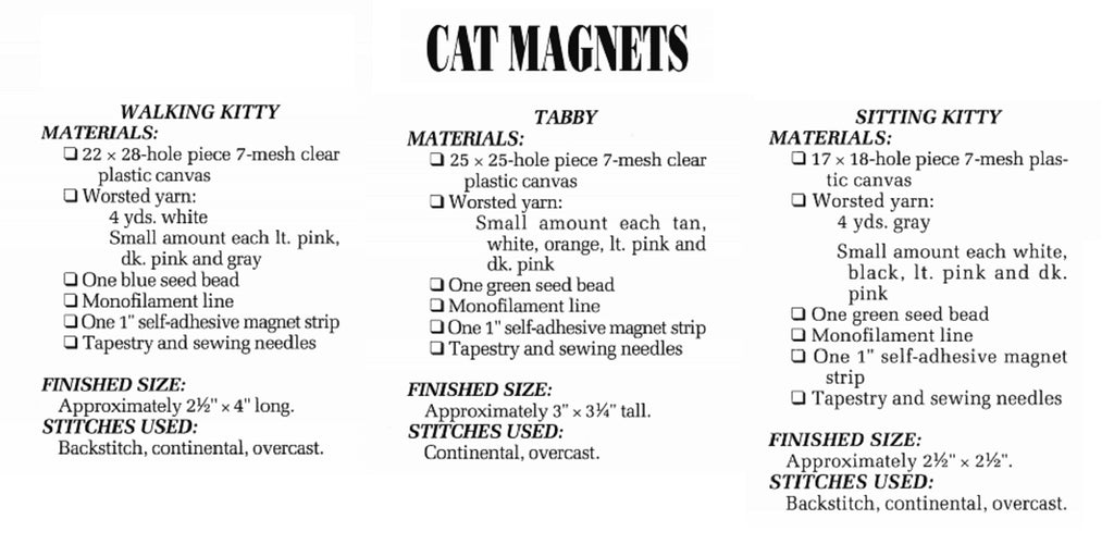 Vintage Plastic Canvas Pattern: Cat Magnets. Stitch these cute cat magnets with 7-count plastic canvas sheets and worsted / medium-weight yarn. 