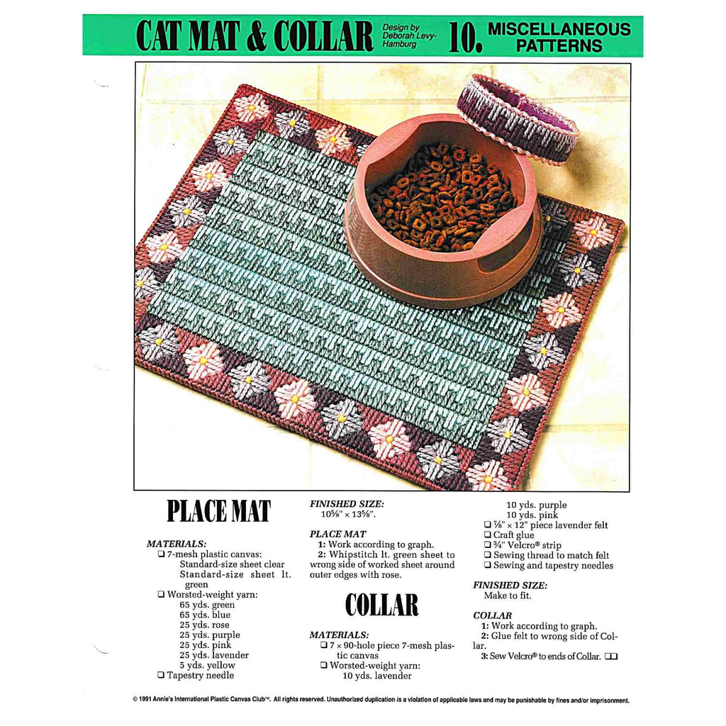 Vintage Plastic Canvas Pattern: Cat Mat & Collar. Stitch up this cat food placemat and decorative collar with 7-count plastic canvas sheets and worsted / medium-weight yarn. 