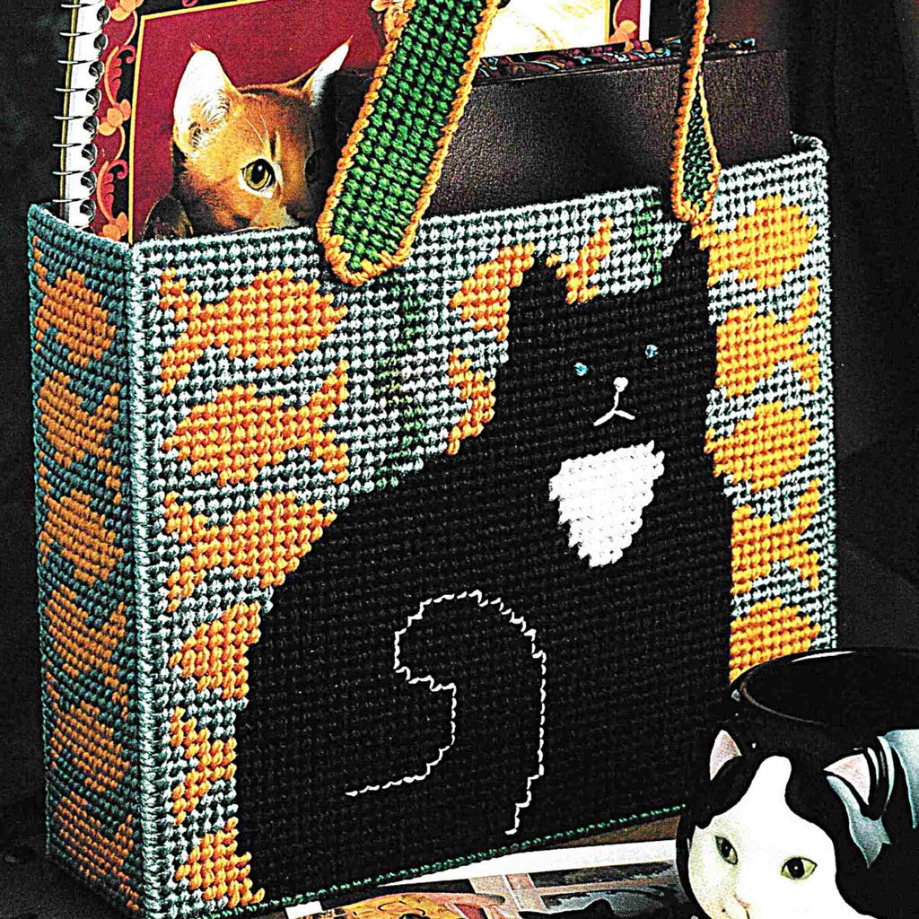 Vintage Plastic Canvas Pattern: Cat Tote Bag. Stitch up this cheeky cat tote bag with 7-count plastic canvas sheets and worsted / medium-weight yarn. 