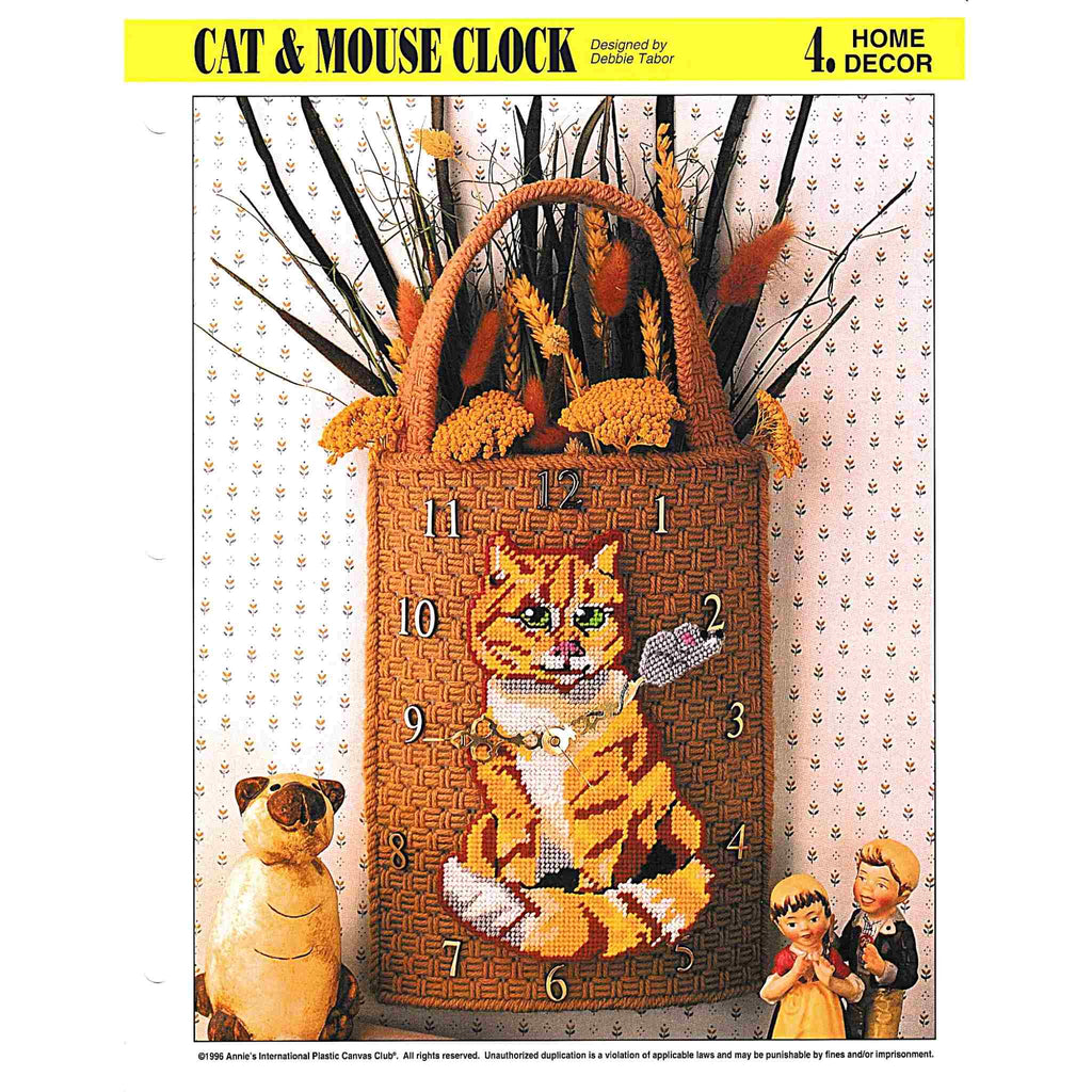 Vintage Plastic Canvas Pattern: Cat & Mouse Clock. Create this cozy wall clock out of 7-count and 10-mesh plastic canvas sheets and worsted / medium-weight yarn.
