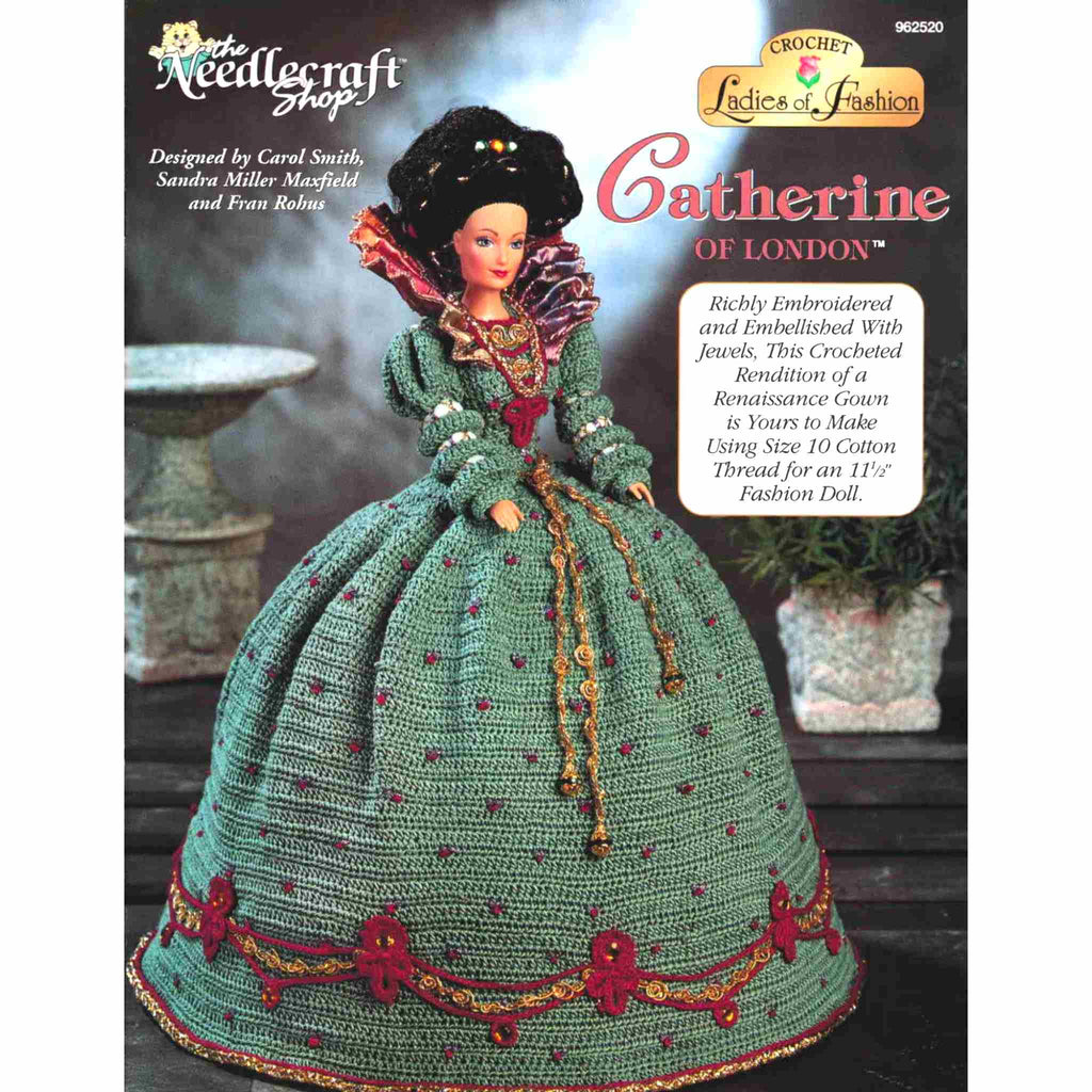 Vintage Fashion Doll Crochet Pattern: Ladies of Fashion, Catherine of London. Richly embroidered and embellished with jewels, this crocheted rendition of a Renaissance gown is yours to make using size 10 cotton thread for an 11-½" fashion doll.
