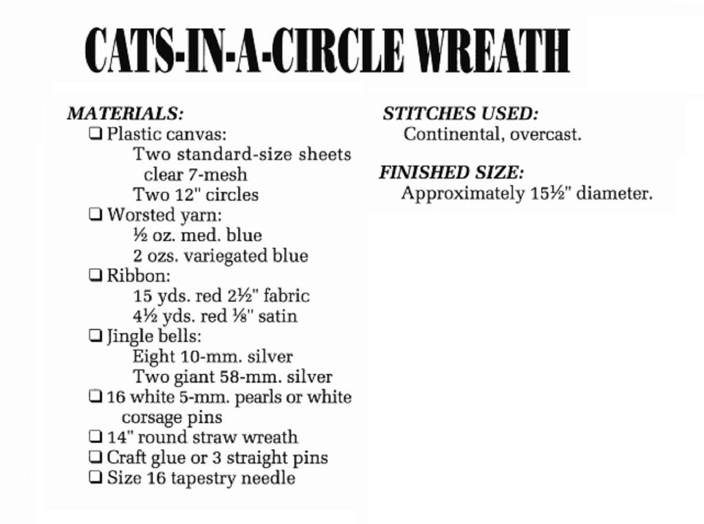 Vintage Plastic Canvas Pattern: Cats-In-A-Circle Wreath. Stitch up this purr-fect wreath with 7-count plastic canvas sheets and worsted / medium-weight yarn. 