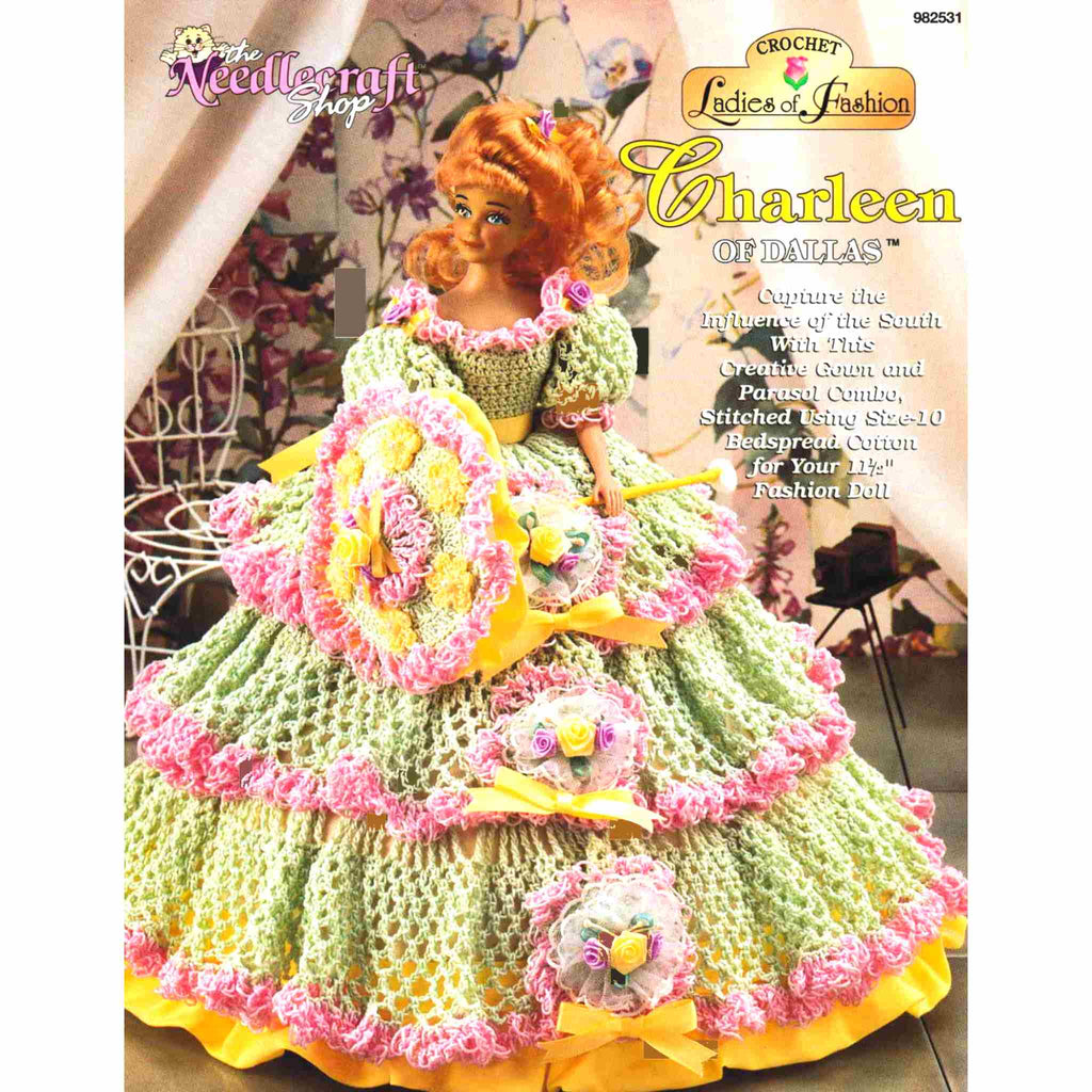 Vintage Fashion Doll Crochet Pattern: Ladies of Fashion, Charleen of Dallas. Capture the influence of the South with this creative gown and parasol combo, stitched using size-10 bedspread cotton for your 11-½" fashion doll. 