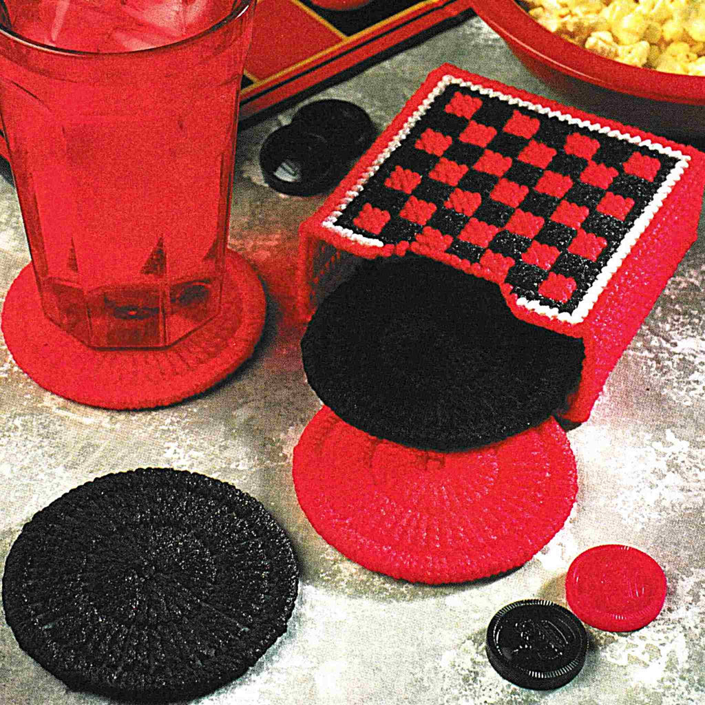 Vintage Plastic Canvas Pattern: Checker Coasters. Stitch up this fun checkers-themed coaster set with 7-count plastic canvas and medium-weight yarn.