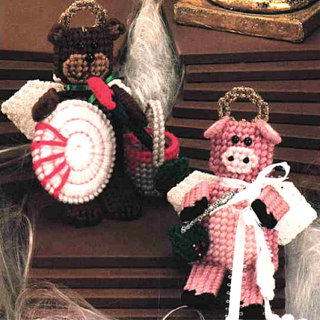 Christmas Critters Ornaments Plastic Canvas Pattern artist bear and snowflake pig