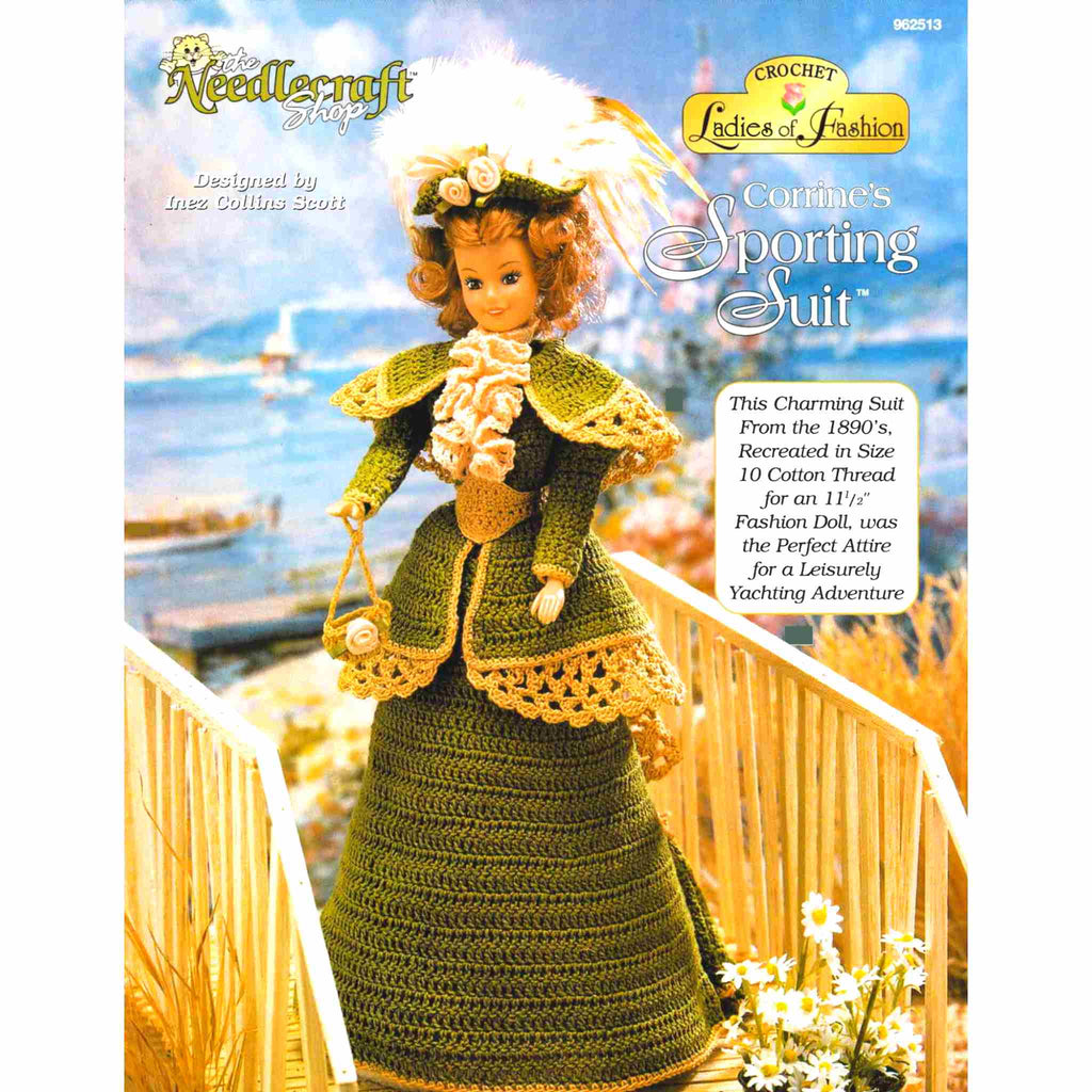 Vintage Fashion Doll Crochet Pattern: Ladies of Fashion, Corrine's Sporting Suit. This charming suit from the 1890s is the perfect attire for a leisurely yachting adventure, stitched using size-10 bedspread cotton for your 11-½" fashion doll.