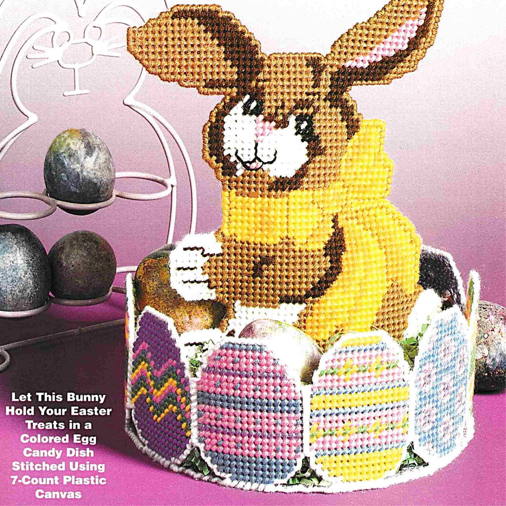 Vintage Easter Plastic Canvas Needlecraft Pattern: Cottontail Candy Dish.  Sweet Easter candy dish with bunny made using worsted-weight yarn and 7-count plastic canvas. ﻿Note from Kat: would make for a cute Easter basket!