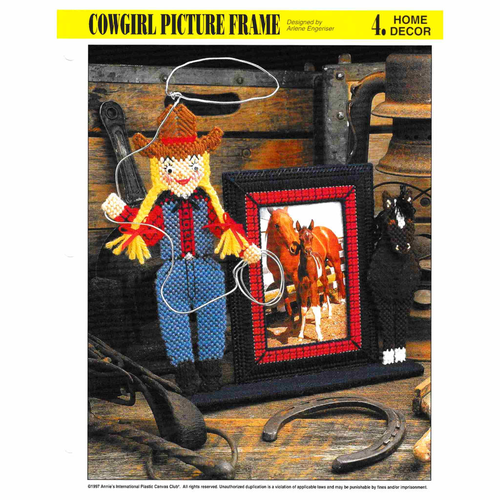 Vintage Plastic Canvas Pattern: Cowgirl Picture Frame. Charts and basic instructions to make plastic canvas country-western picture frame with cowgirl, horse, and lasso. Basic materials you'll need are 7-count plastic canvas sheets and worsted / medium-weight yarn. 