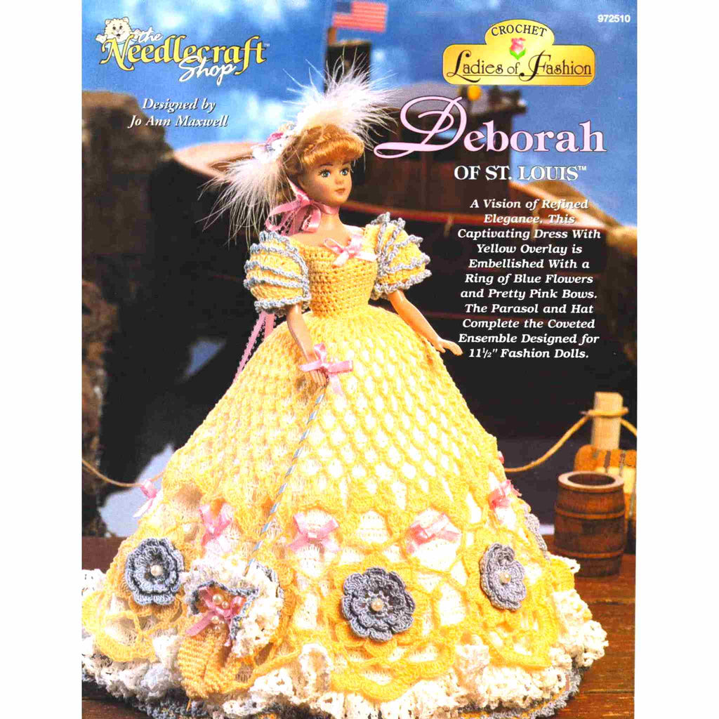 Vintage Fashion Doll Thread Crochet Pattern: Ladies of Fashion, Deborah of St Louis. This captivating dress is a vision of refined elegance with yellow overlay and embellished with a ring of blue flowers and pretty pink bows, stitched using size-10 bedspread cotton for your 11-½" fashion doll. 