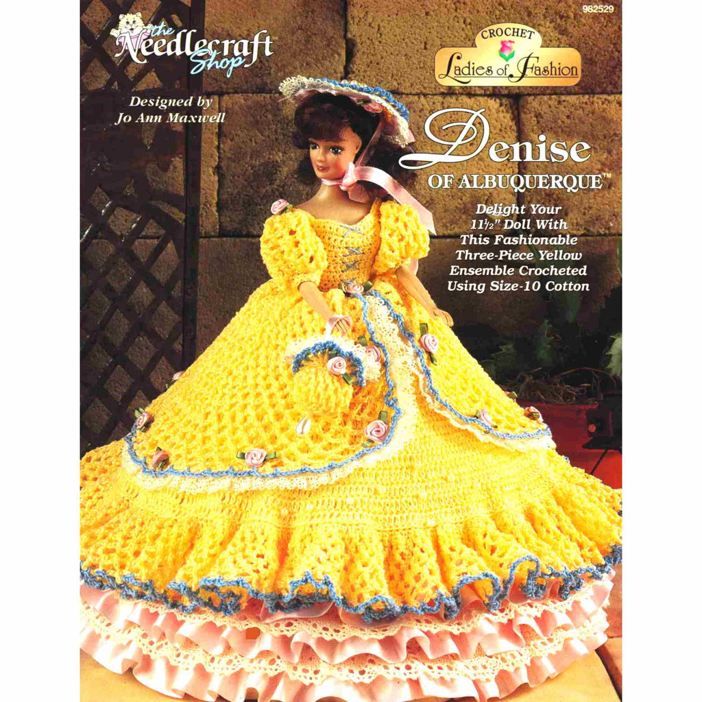 Vintage Fashion Doll Crochet Pattern: Ladies of Fashion, Denise of Albuquerque. This fashionable three-piece yellow ensemble is stitched using size-10 bedspread cotton for your 11-½" fashion doll.