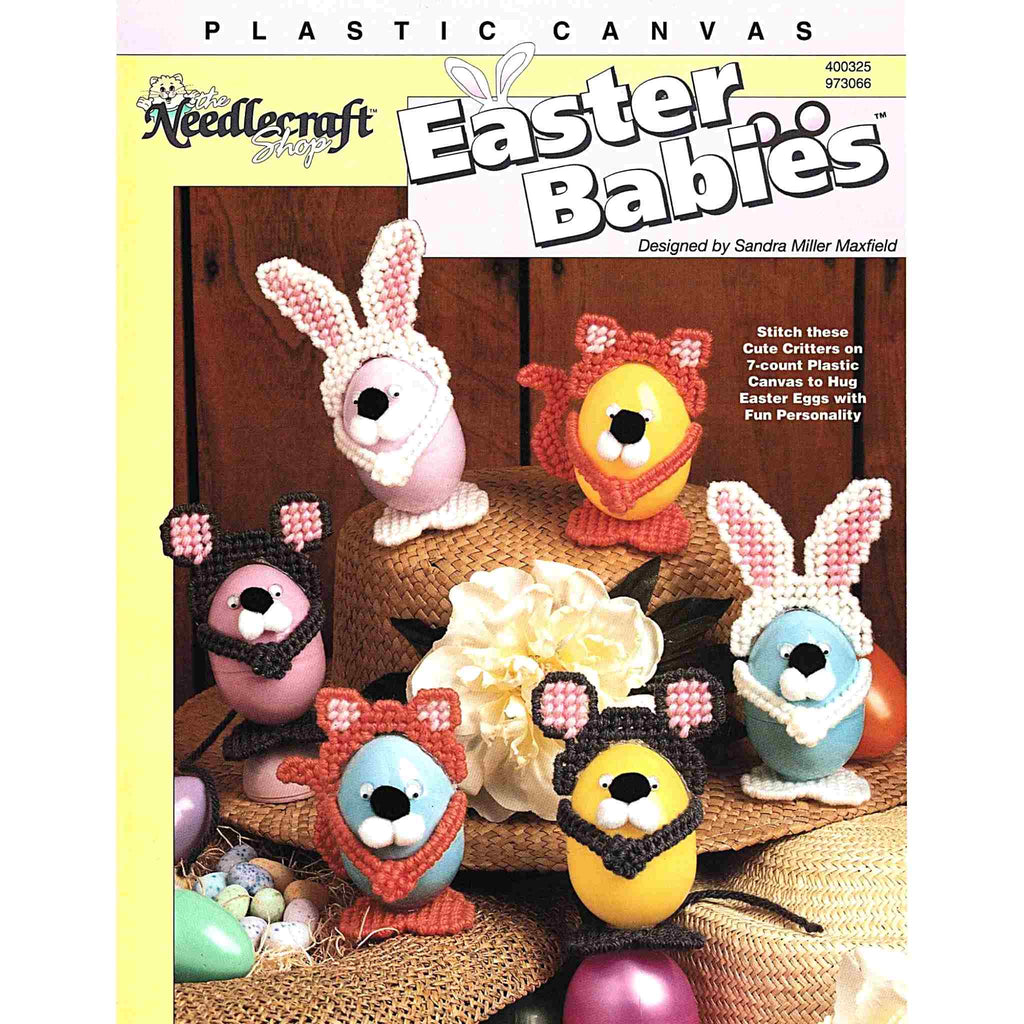 Vintage Easter Plastic Canvas Needlecraft Pattern: Easter Babies.  Pattern for six favors (2 each of bunny, cat, + mouse), each approximately 2-1/2" diameter x 3-1/4"-4-1/2" tall (6.4 cm x 8.2-11.4 cm), made using worsted-weight yarn and 7-count plastic canvas. cover